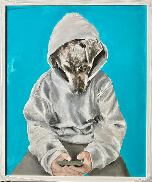 Original Oil Painting of a dog in the hood